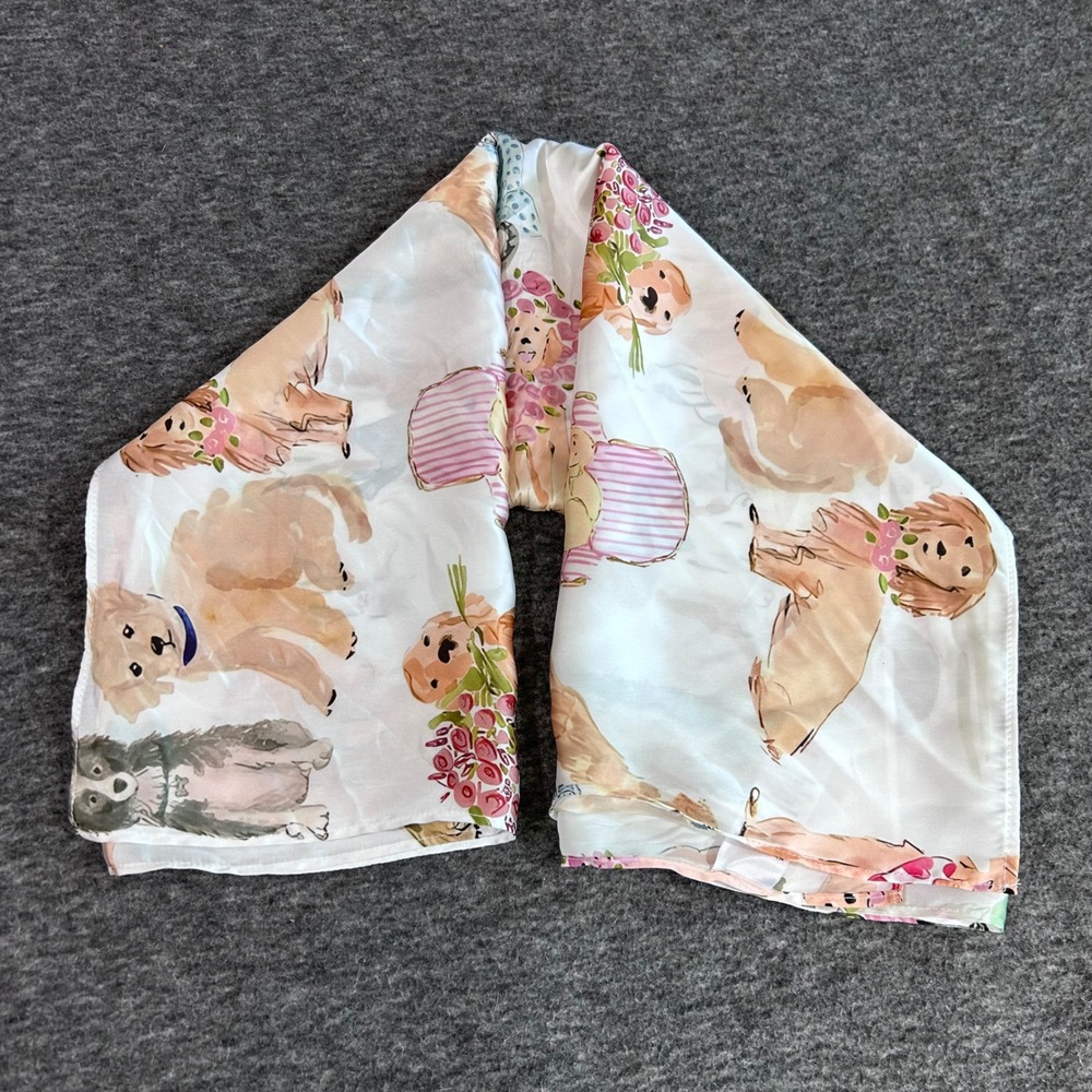 Watercolor Dog Print Square Satin Scarf Multi Breed Floral Neckerchief White